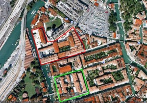 Cittadella, vista aerea (in rosso l'ex Manifattura tabacchi, in verde il carcere di Santa Maria Maggiore)